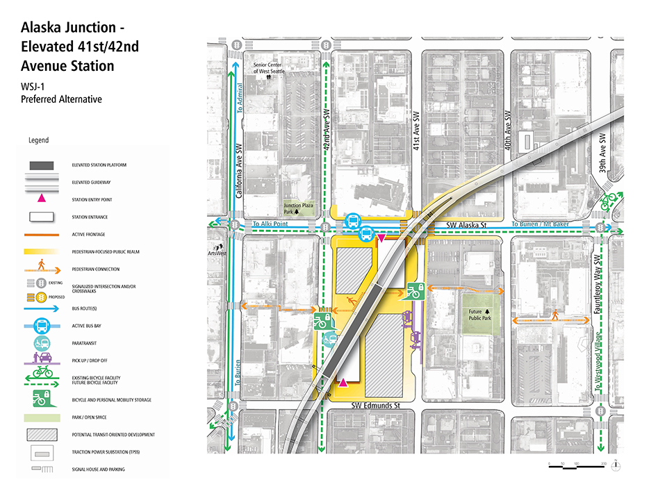 A map that describes how pedestrians, bus riders, bicyclists, and drivers could access the Alaska Junction - Elevated Forty-First and Forty-Second Avenue Station Alternative.